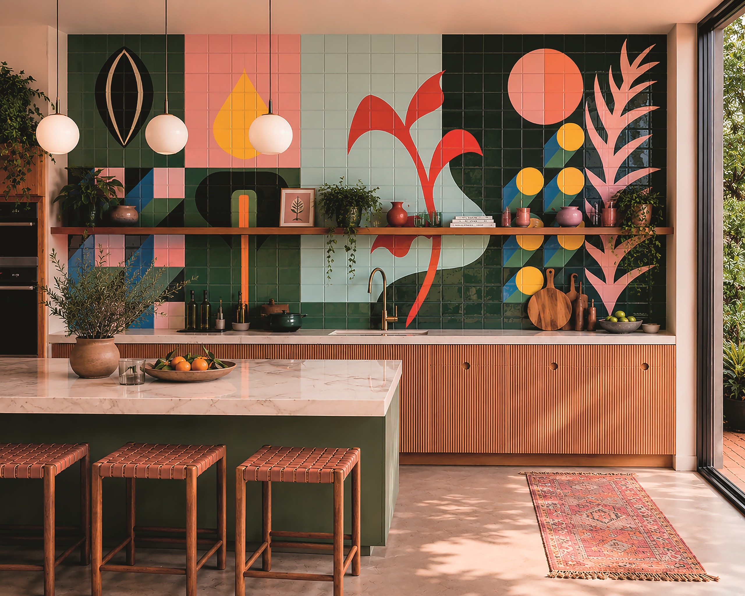 modern kitchen with timber cabinetry, a tiled mural backsplash, woven leather bar stools, floating open-shelf, pendant lights over island
