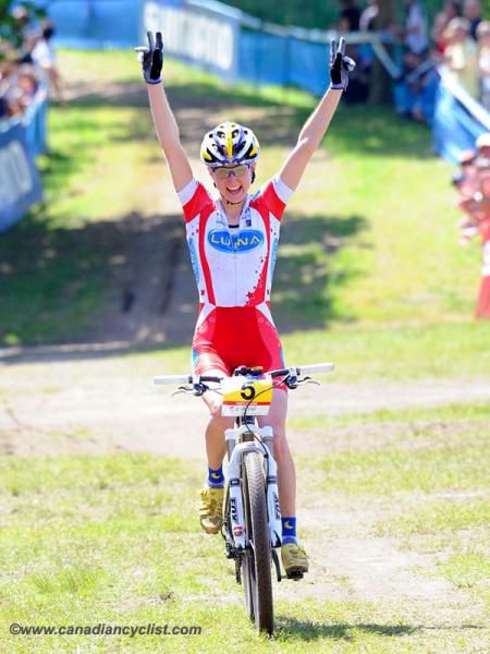 Canada's Catharine Pendrel (Luna Pro Team) crosses the line alone.