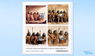 Bing Chat’s creation from the prompt: Generate an image in the style of Paleolithic Art. The image depicts five early humans carrying spears approaching a laptop that they have just discovered.