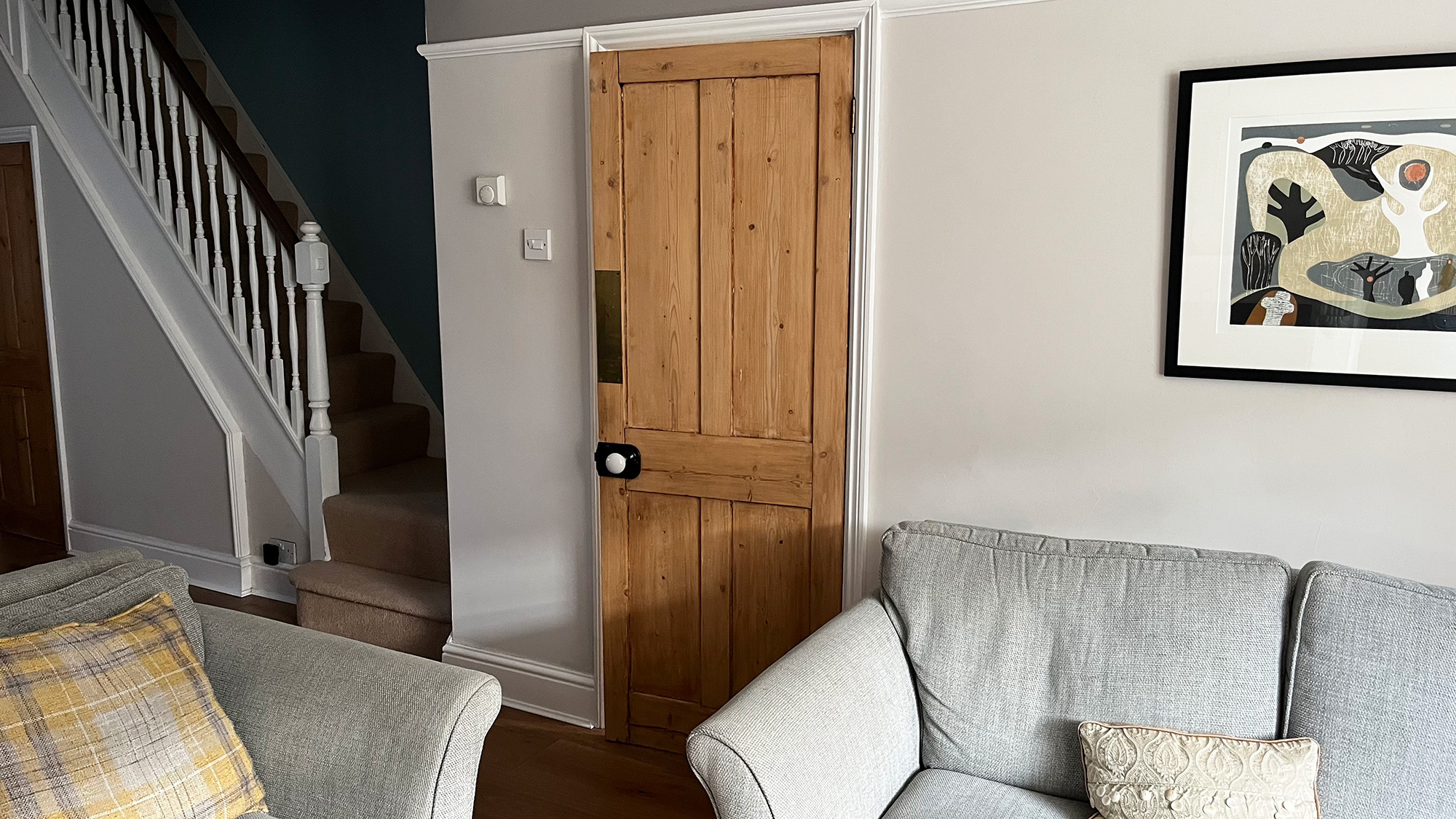 Living room with door open