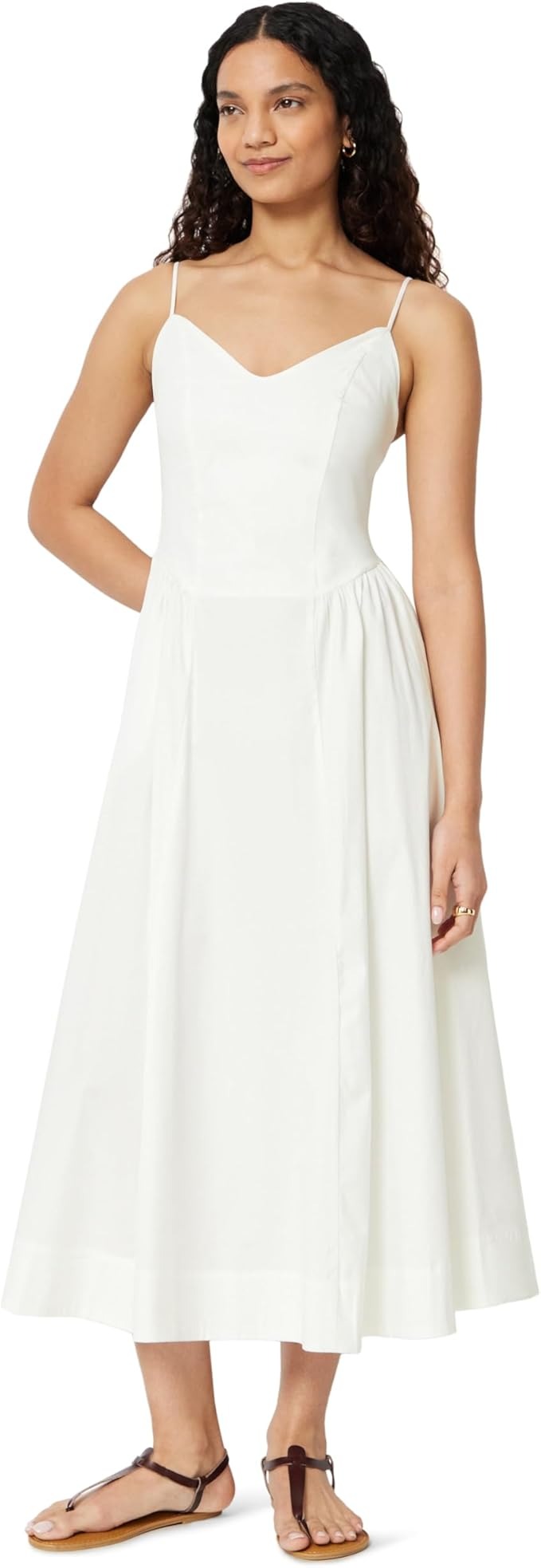Amazon Essentials Women's Fit &amp;amp; Flare Thin Strap Cotton Poplin Midi Dress, Bright White, Medium