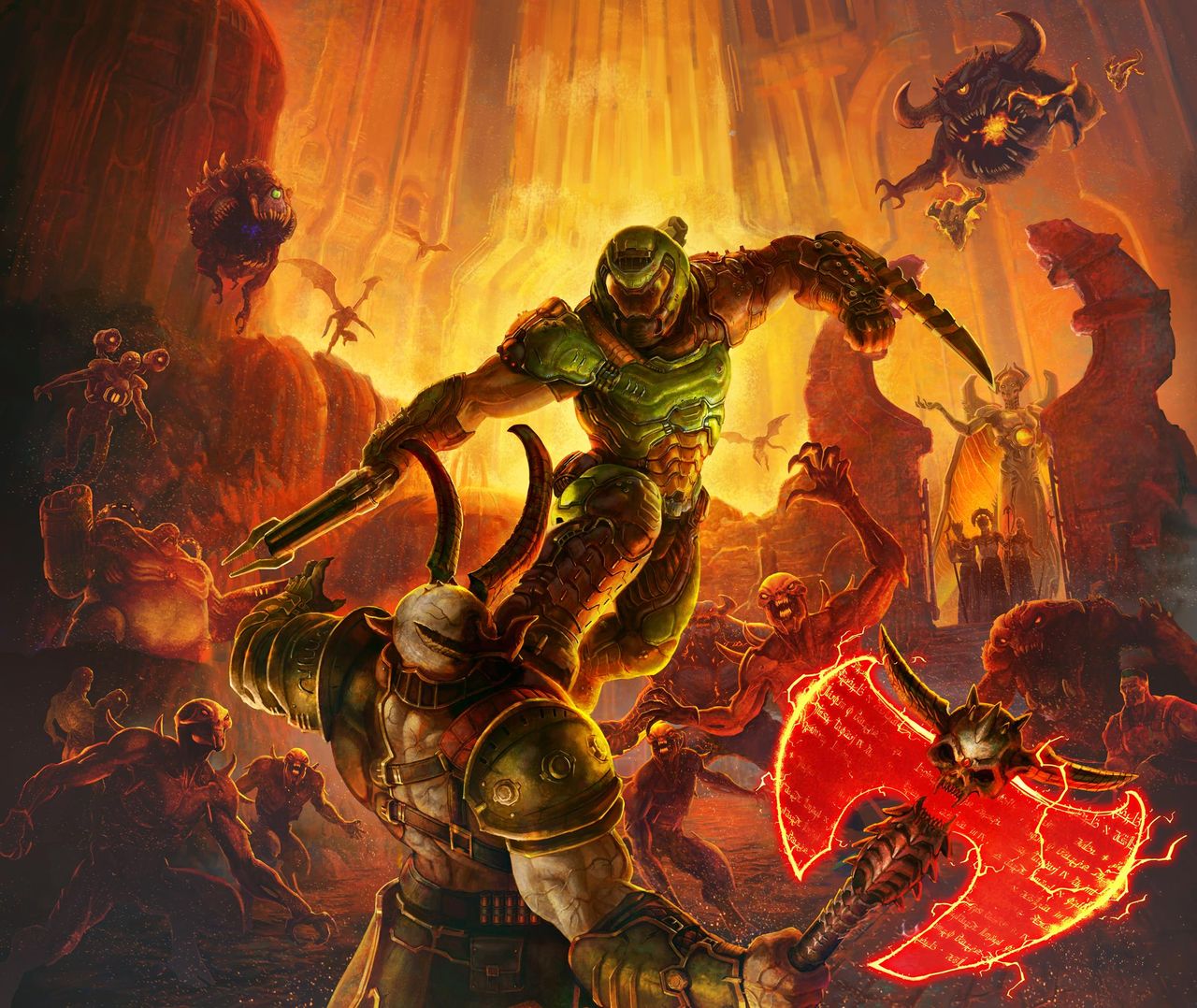 Doom Eternal key art showing doom guy attacking marauder, tummy window homage clearly visible