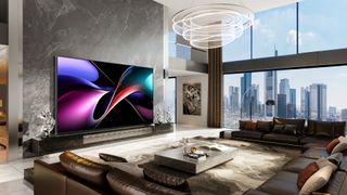 Hisense 116” TriChroma LED TV in living room showing abstract image on screen