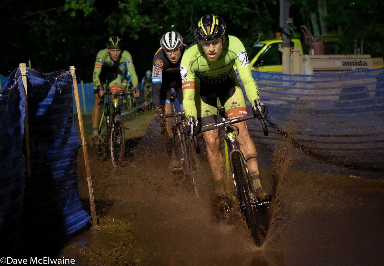 Stephen Hyde (Cannondale) leading Kerry Werner and Curtis White through some water that resulted from several days of rain