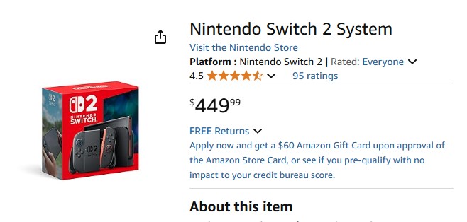 Screenshot of Amazon Nintendo Switch 2 page