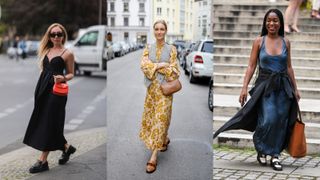A composite of street style influencer showing how to style loafers with dresses