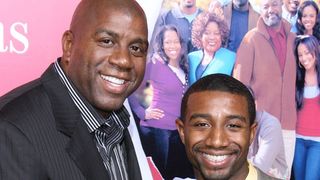 Magic Johnson and son Andre Johnson posing at a movie red carpet event