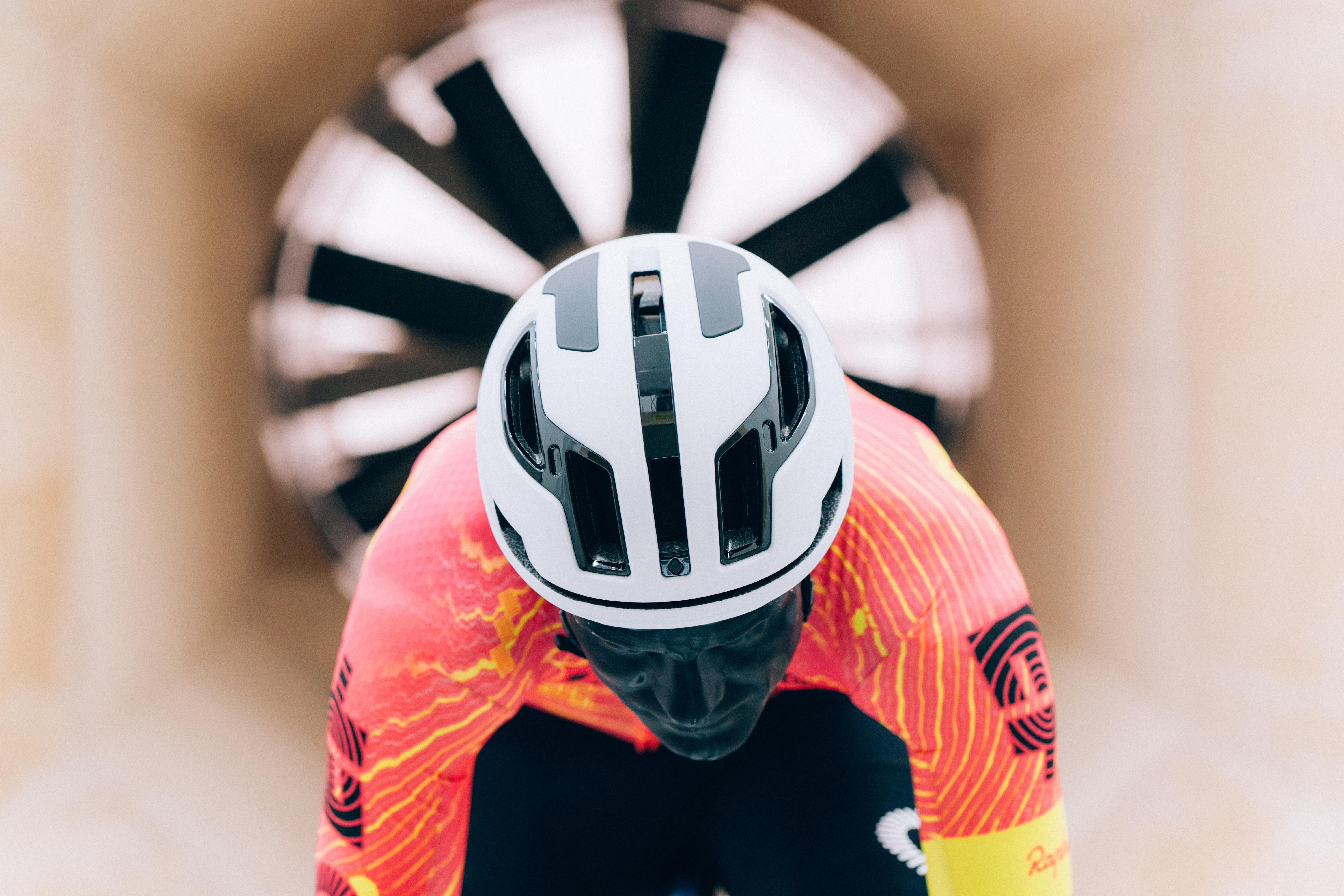 A close up of helmets being tested in the wind tunnel