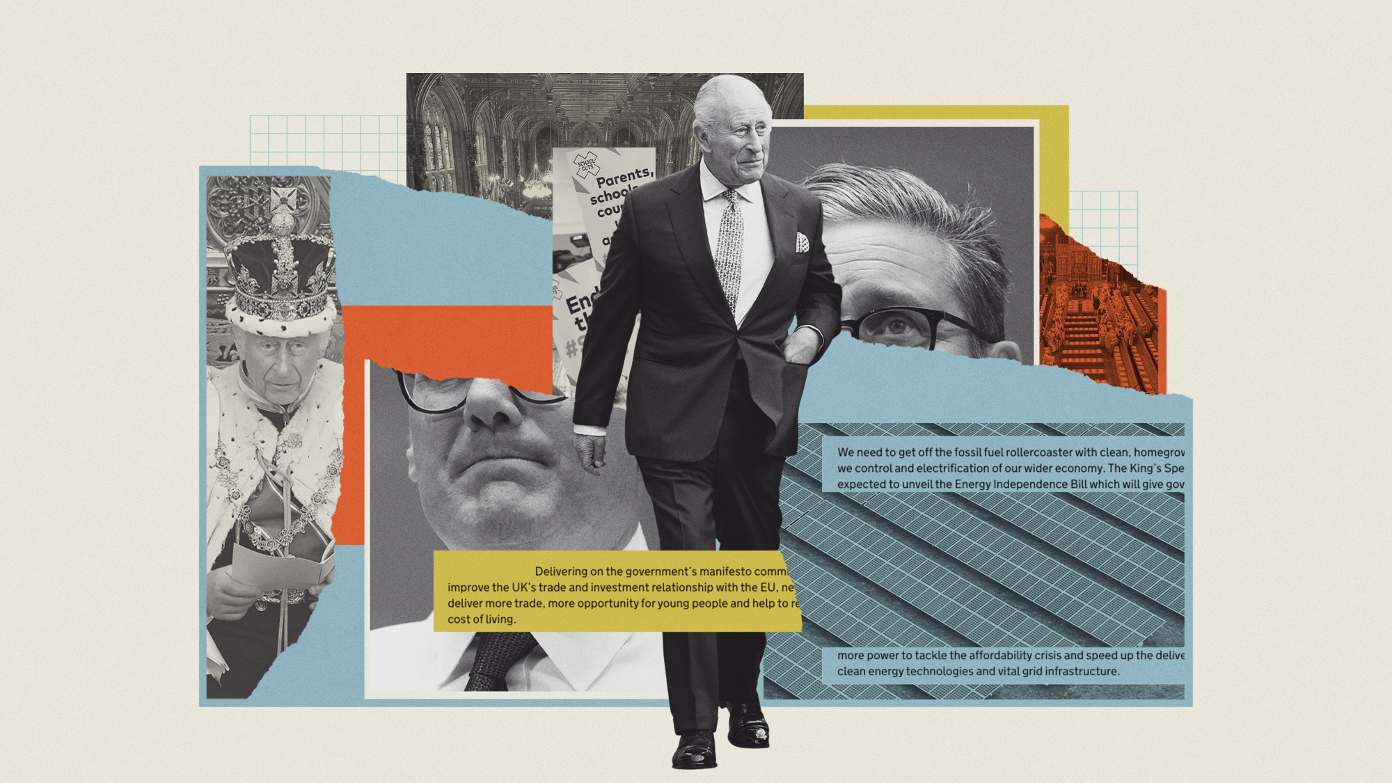 Photo composite illustration of King Charles, Keir Starmer, the House of Lords, solar panels and SEND demonstrators