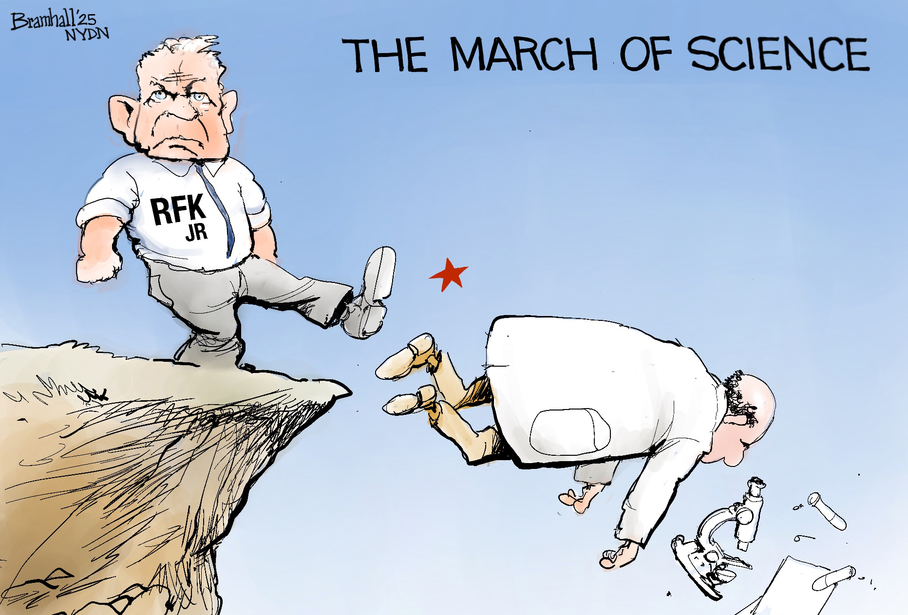 This cartoon takes place on the edge of a cliff and is titled “The March of Science.” An angry-looking RFK Jr. is on the cliff and has just kicked a scientist off into the air. The scientist wears a lab coat and had been carrying a microscope and test tubs.