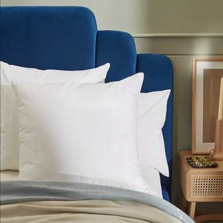 John Lewis square pillows on a bed with a blue velvet headboard