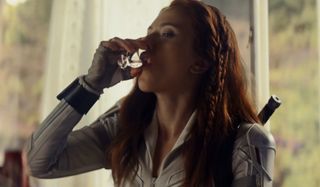 Scarlett Johannson as Black Widow, staying hydrated