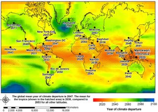 Estimated dates of coming climate extremes under the RCP8.5 model, which projects today's levels of carbon dioxide emissions continuing through 2100.