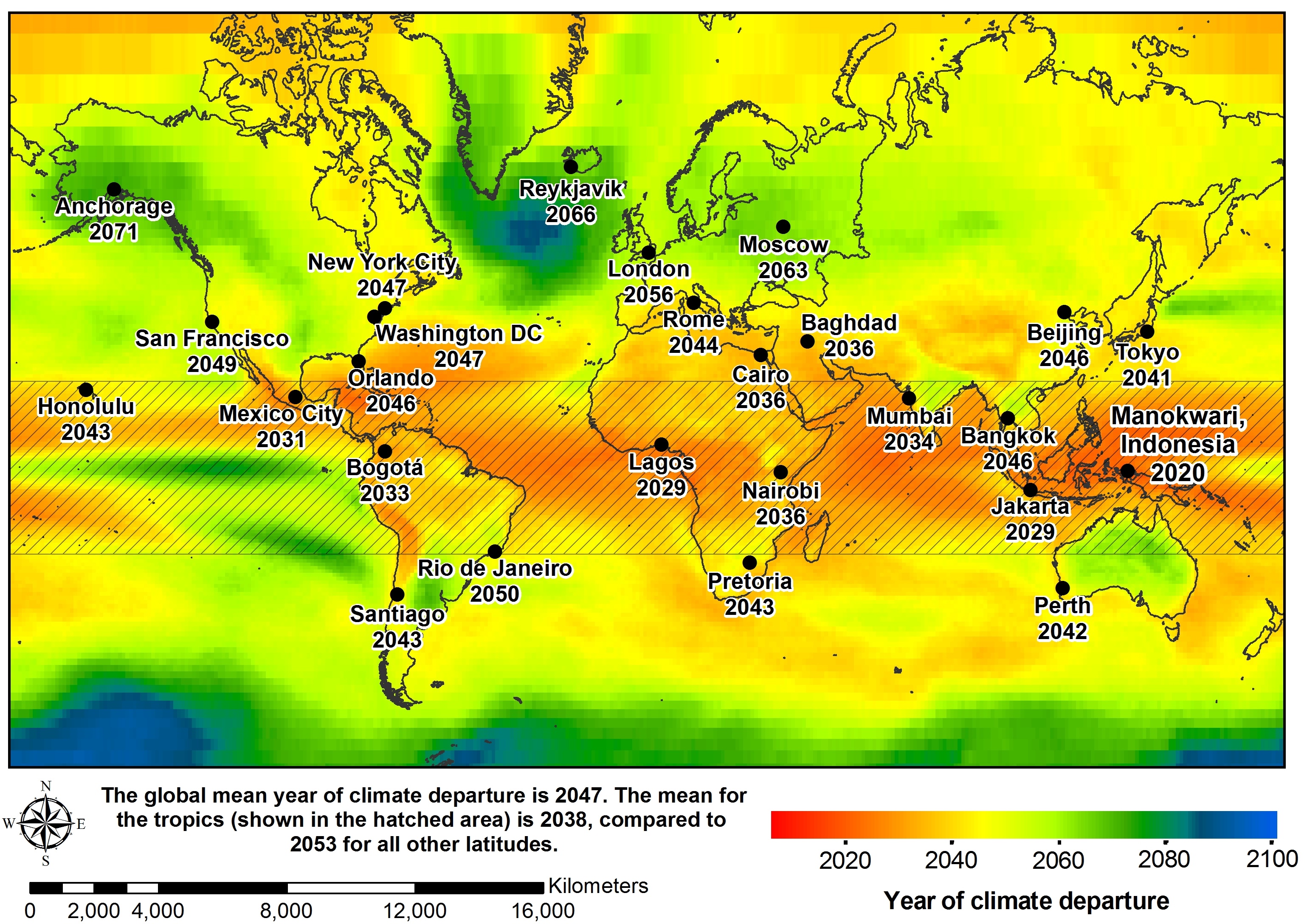 Estimated dates of coming climate extremes under the RCP8.5 model, which projects today&#39;s levels of carbon dioxide emissions continuing through 2100.