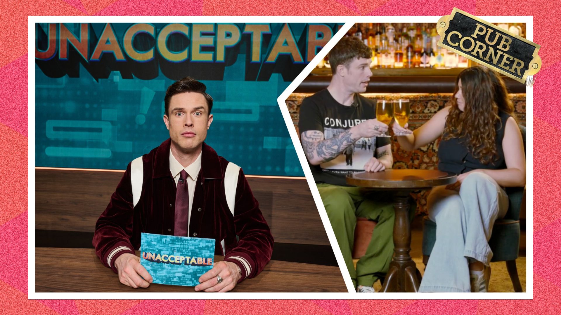 a promotional image of Ed Gamble in his hosting role in his new show Unacceptable on TLC, spliced with an image from the interview of Ed Gamble