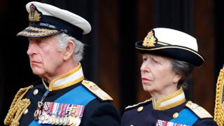 King Charles III and Princess Anne, Princess Royal attend the Committal Service for Queen Elizabeth II at St George's Chapel, Windsor Castle on September 19, 2022