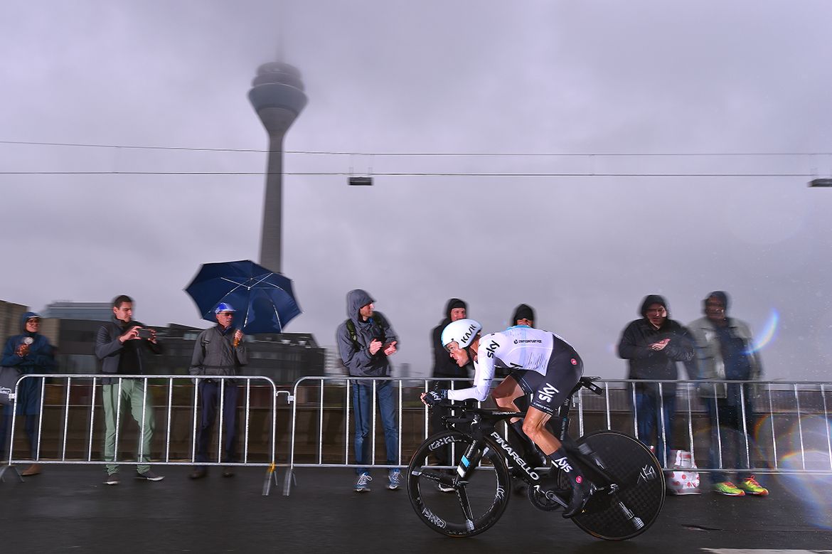 Vasil Kiryienka setting a provisional best time on stage 1 of the Tour de France