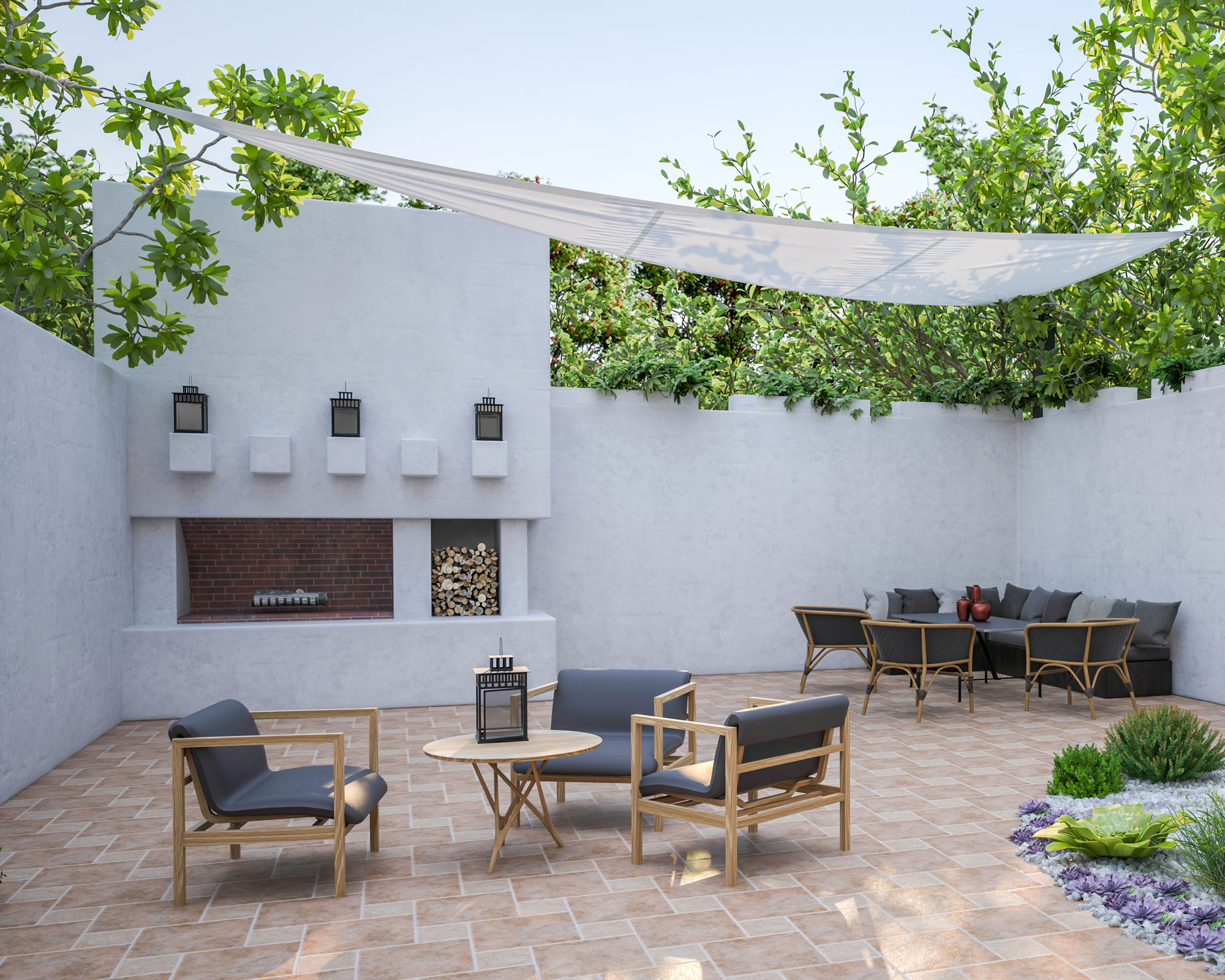 modern patio design with white walls, garden furniture, lanterns, outdoor fireplace and modern planting with succulents