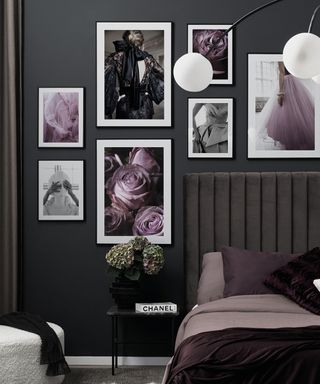 Purple gallery wall in bedroom by Desenio