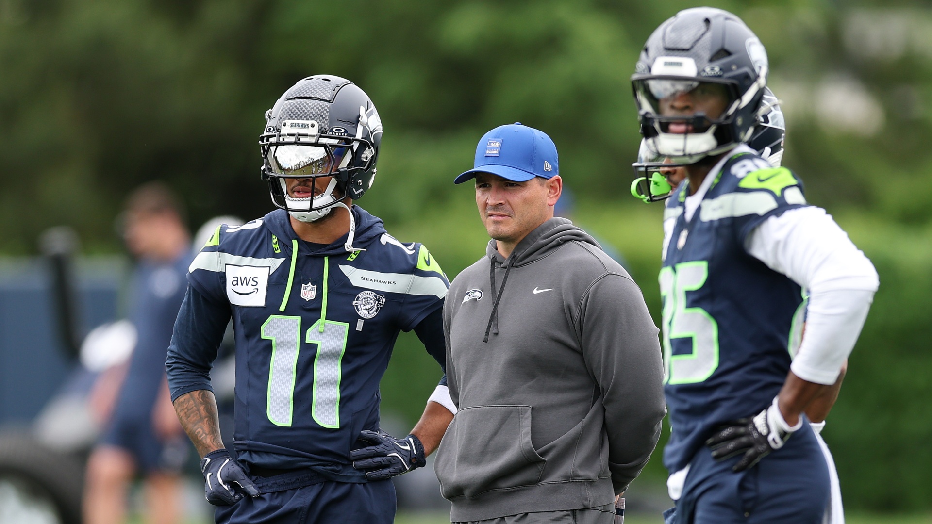 Head coach Mike Macdonald and Jaxon Smith-Njigba at the Seattle Seahawks training camp at Virginia Mason Athletic Center on June 4, 2026 in Renton, Washington