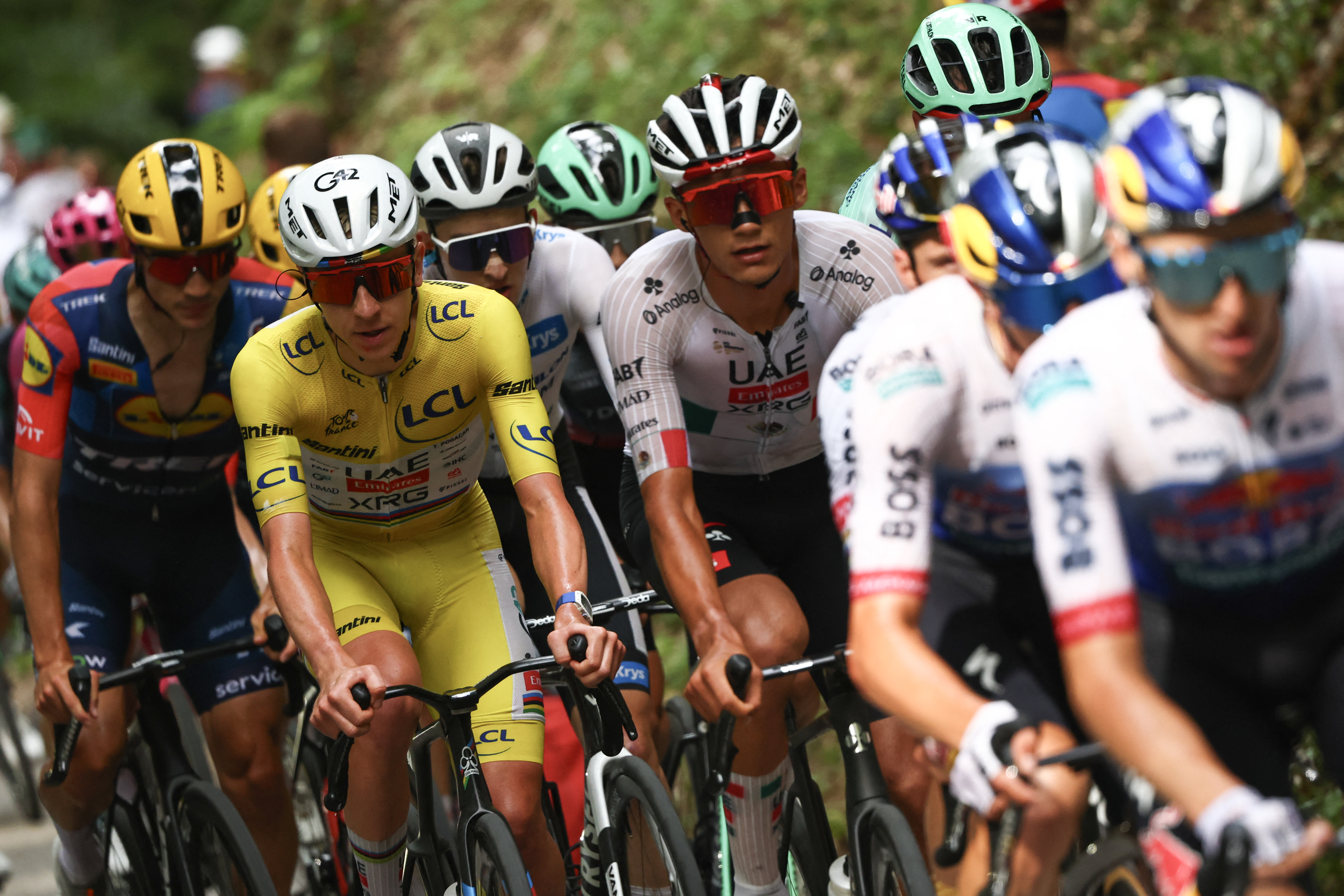 Tadej Pogacar wearing the overall leader's yellow jersey at the Tour de France 2026