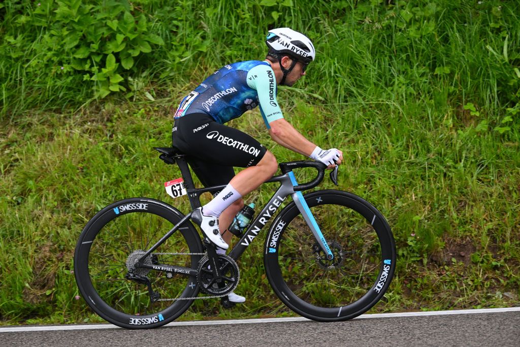 SAPPADA ITALY MAY 24 Andrea Vendrame of Italy and Decathlon AG2R La Mondiale Team competes in the breakaway during the 107th Giro dItalia 2024 Stage 19 a 157km stage from Mortegliano to Sappada 1236m UCIWT on May 24 2024 in Sappada Italy Photo by Dario BelingheriGetty Images