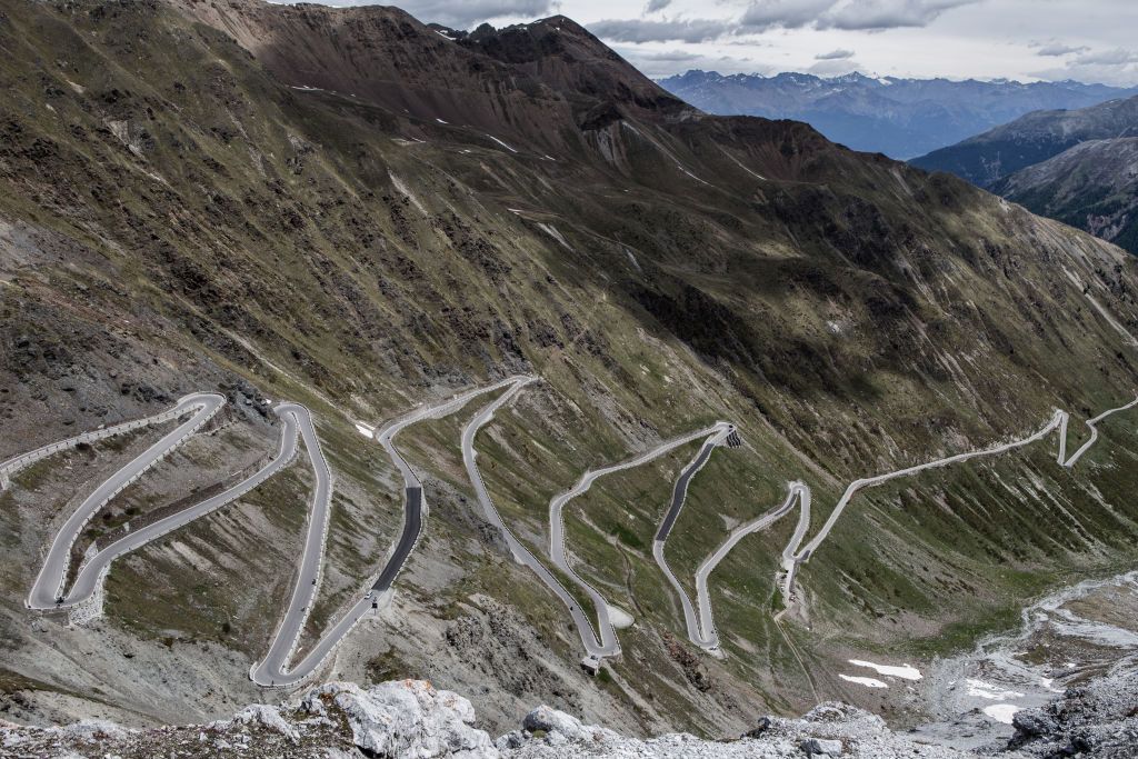 The famous switchbacks of the Passo dello Stelvio