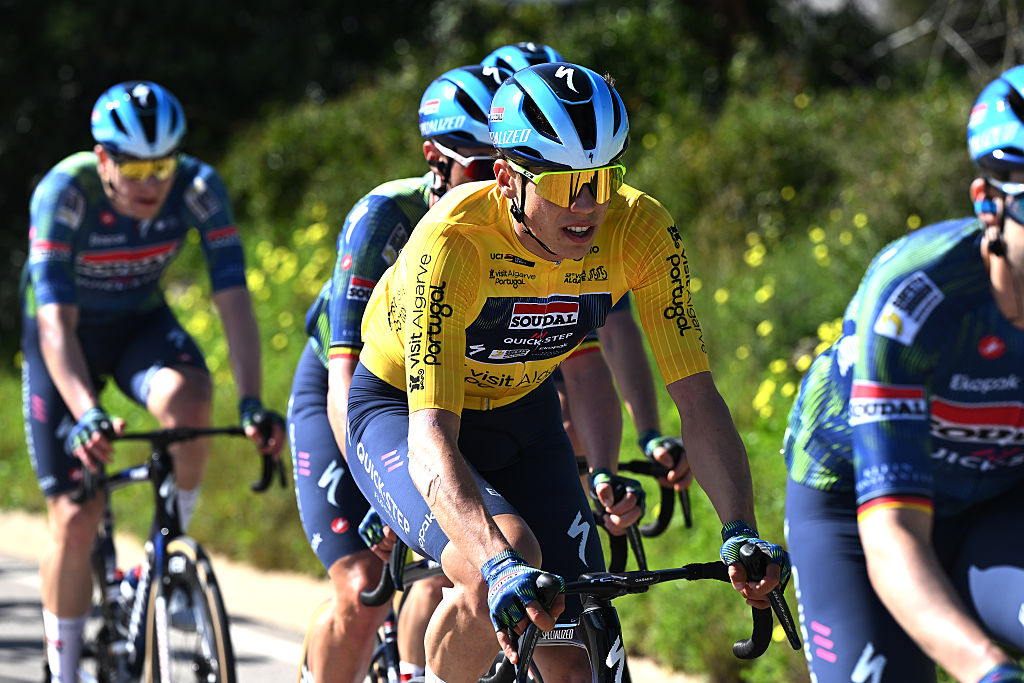 FOIA, PORTUGAL - FEBRUARY 19: Paul Magnier of France and Team Soudal Quick-Step - Yellow Leader Jersey competes during the 52nd Volta ao Algarve em Bicicleta 2026, Stage 2 a 183.5km stage from Portimao to Foia (Monchique) 882m on February 19, 2026 in Foia, Portugal. (Photo by Dario Belingheri/Getty Images)