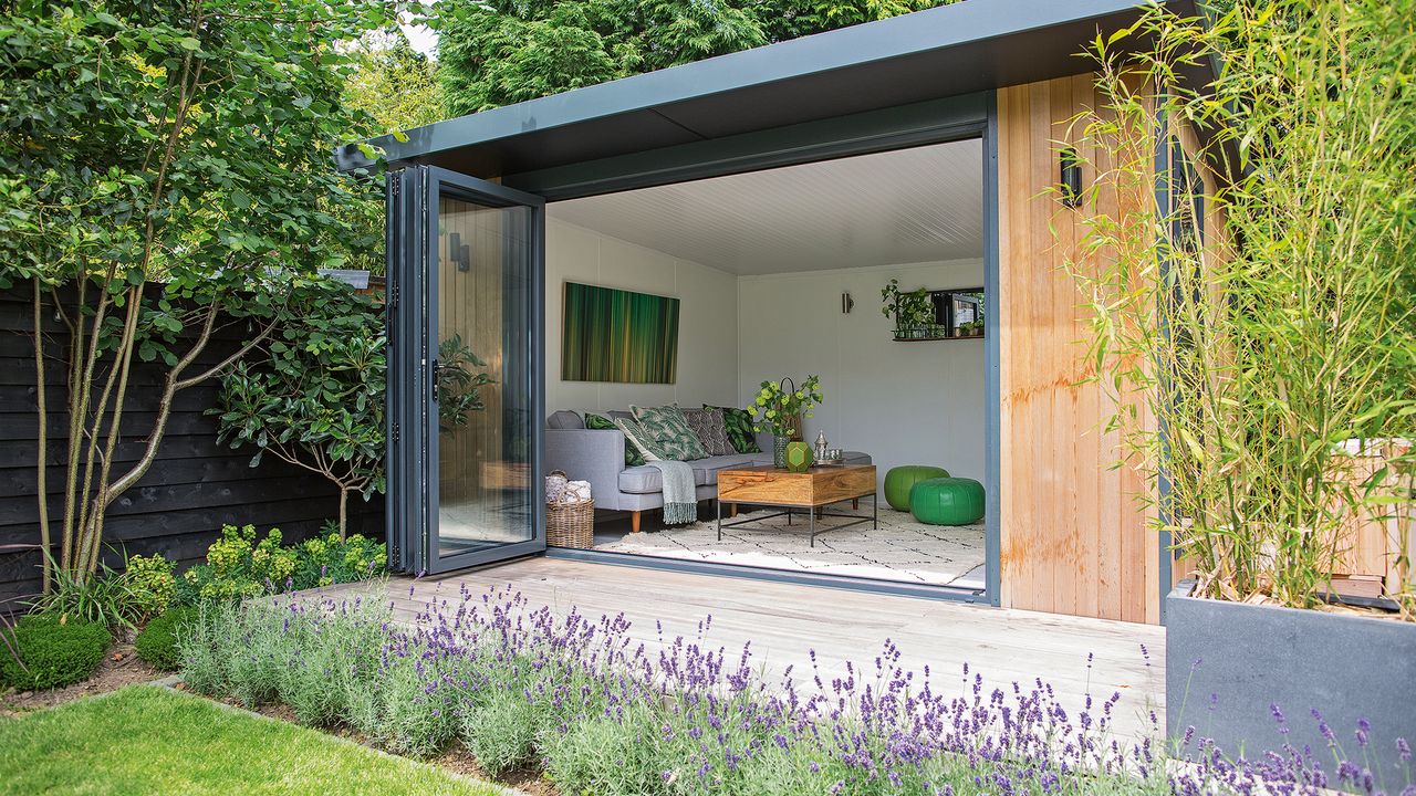 Modern garden room with lavender border