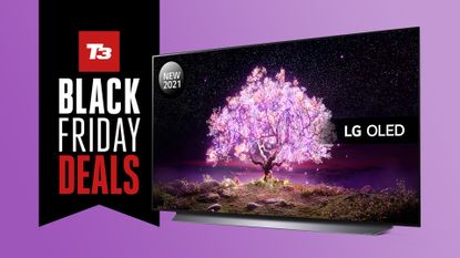 LG C1 on purple background with Black Friday deals sign