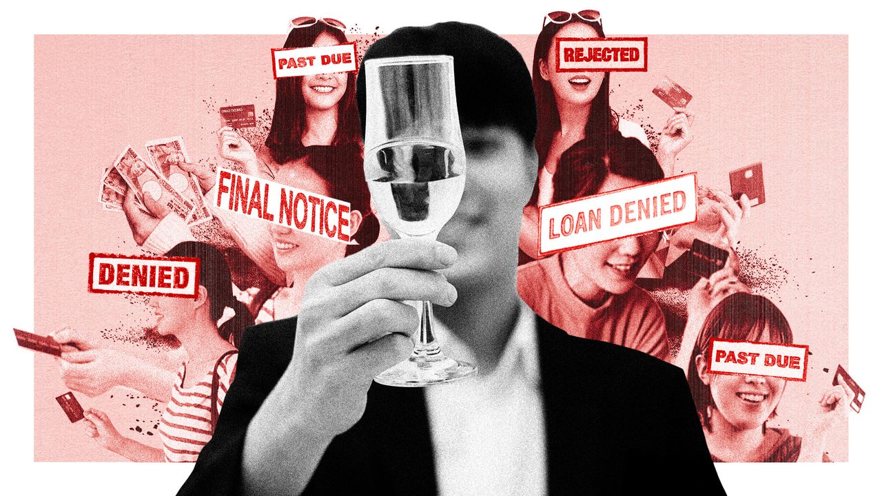 Photo collage of a young Japanese man raising a glass of champagne. Behind him, there is a group of young women with credit cards; over their eyes, various phrases such as &quot;loan denied&quot; and &quot;payment past due&quot; appear.