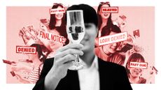 Photo collage of a young Japanese man raising a glass of champagne. Behind him, there is a group of young women with credit cards; over their eyes, various phrases such as "loan denied" and "payment past due" appear.