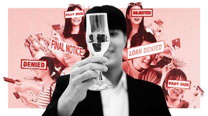 Photo collage of a young Japanese man raising a glass of champagne. Behind him, there is a group of young women with credit cards; over their eyes, various phrases such as &quot;loan denied&quot; and &quot;payment past due&quot; appear.