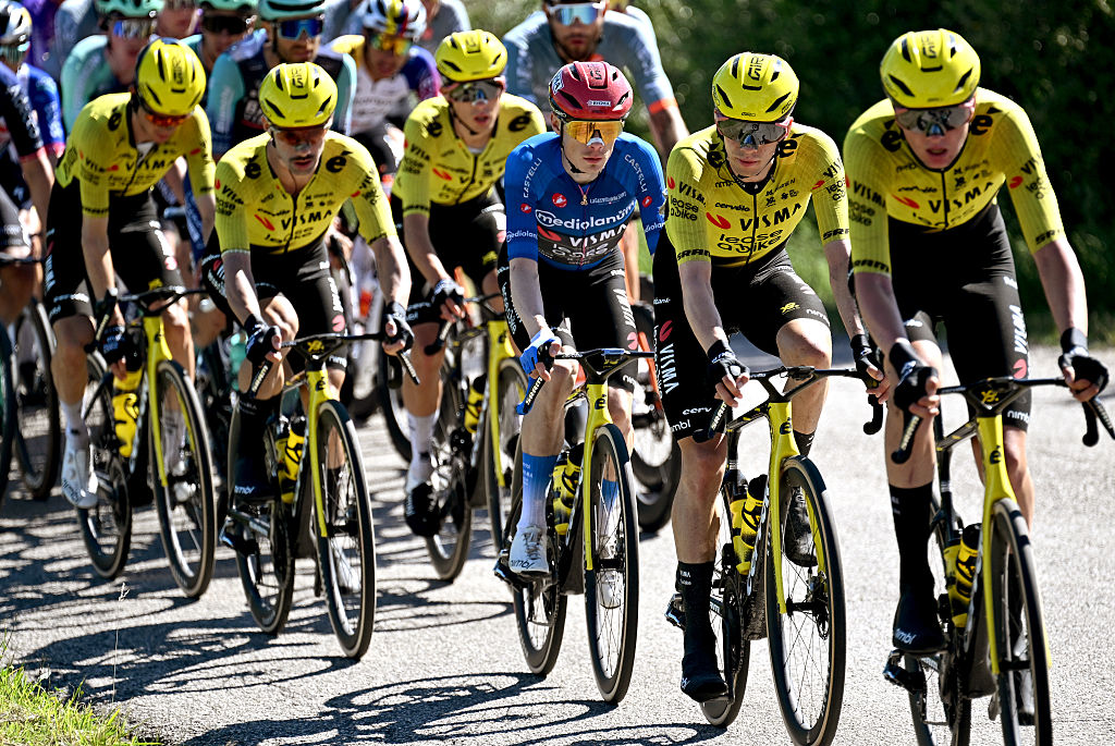 FERMO, ITALY - MAY 16: (L-R) Jonas Vingegaard of Denmark - Blue Mountain Jersey and Bart Lemmen of Netherlands and Team Visma | Lease a Bike compete during the 109th Giro d&amp;amp;apos;Italia 2026, Stage 8 a 156km stage from Chieti to Fermo 315m / #UCIWT / on May 16, 2026 in Fermo, Italy. (Photo by Tim de Waele/Getty Images)