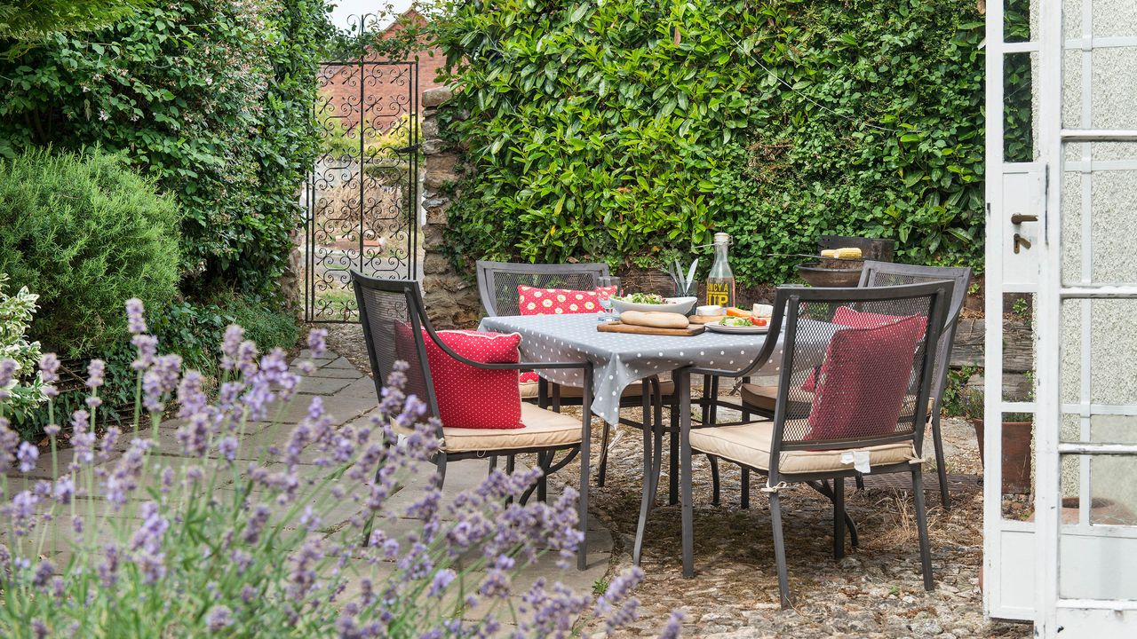 budget patio ideas with seating and lavender