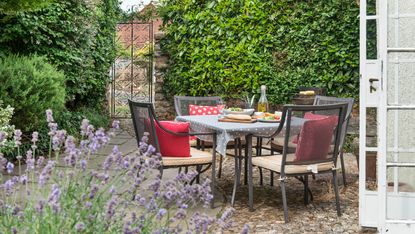 budget patio ideas with seating and lavender