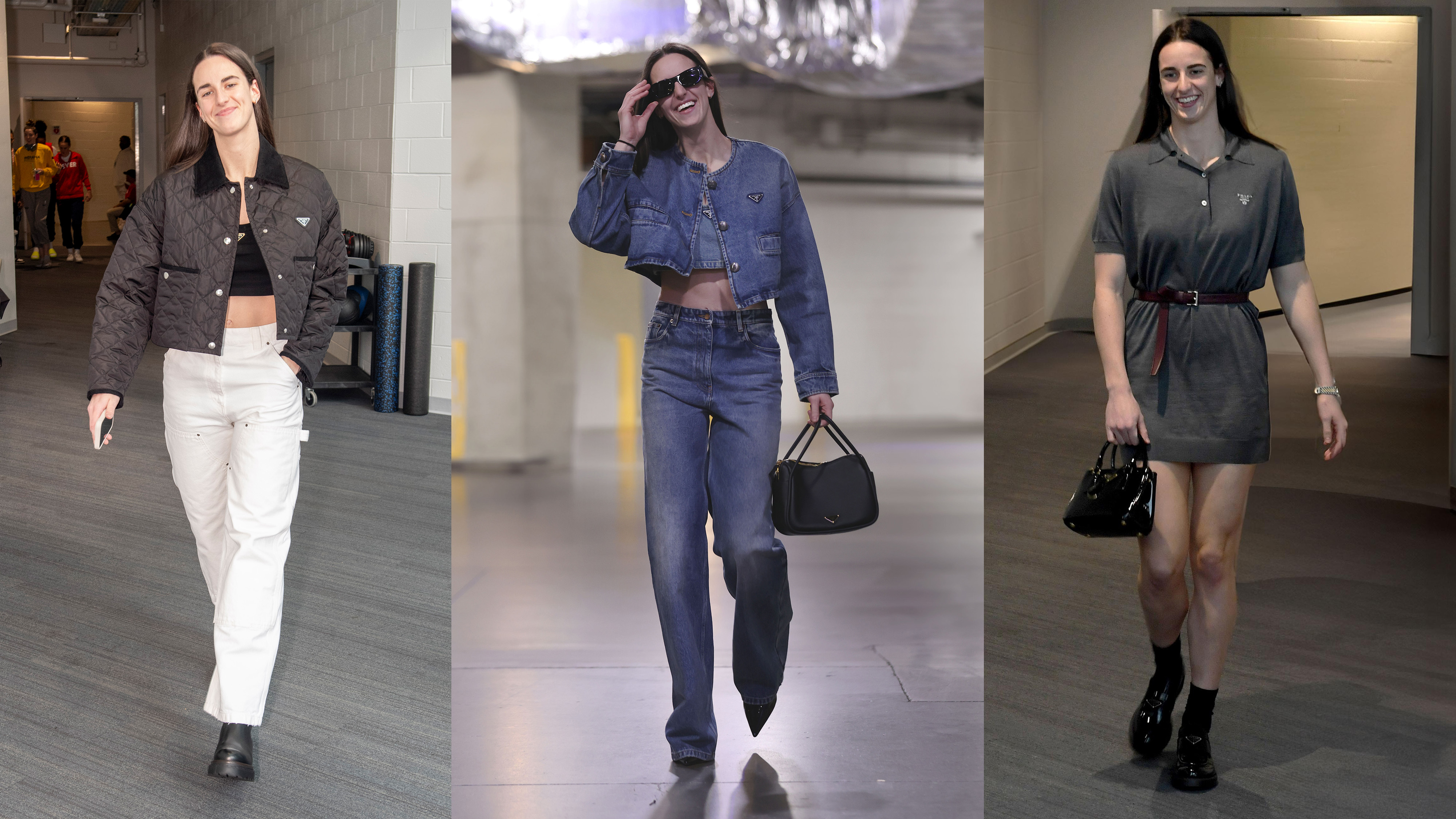 Caitlin Clark arriving at WNBA games throughout the 2024 season wearing Prada.