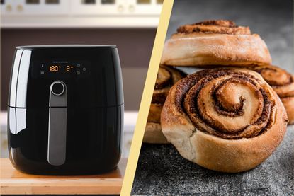 A collage of an air fryer and a Nutella swirl pastry
