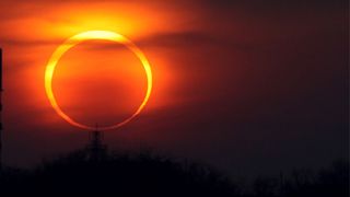 Bright red and yellow colors of the annular solar eclipse occurs on January 15, 2010 in Qingdao, Shandong Province of China.