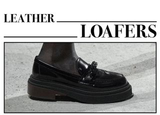 A graphic of black leather loafers that tie into the quiet luxury trend