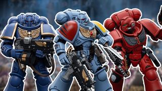 Intercessors from the Ultramarines, Space Wolves, and Blood Angels lined up against a blurred battle scene, with white outlines around them