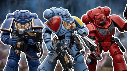 Intercessors from the Ultramarines, Space Wolves, and Blood Angels lined up against a blurred battle scene, with white outlines around them