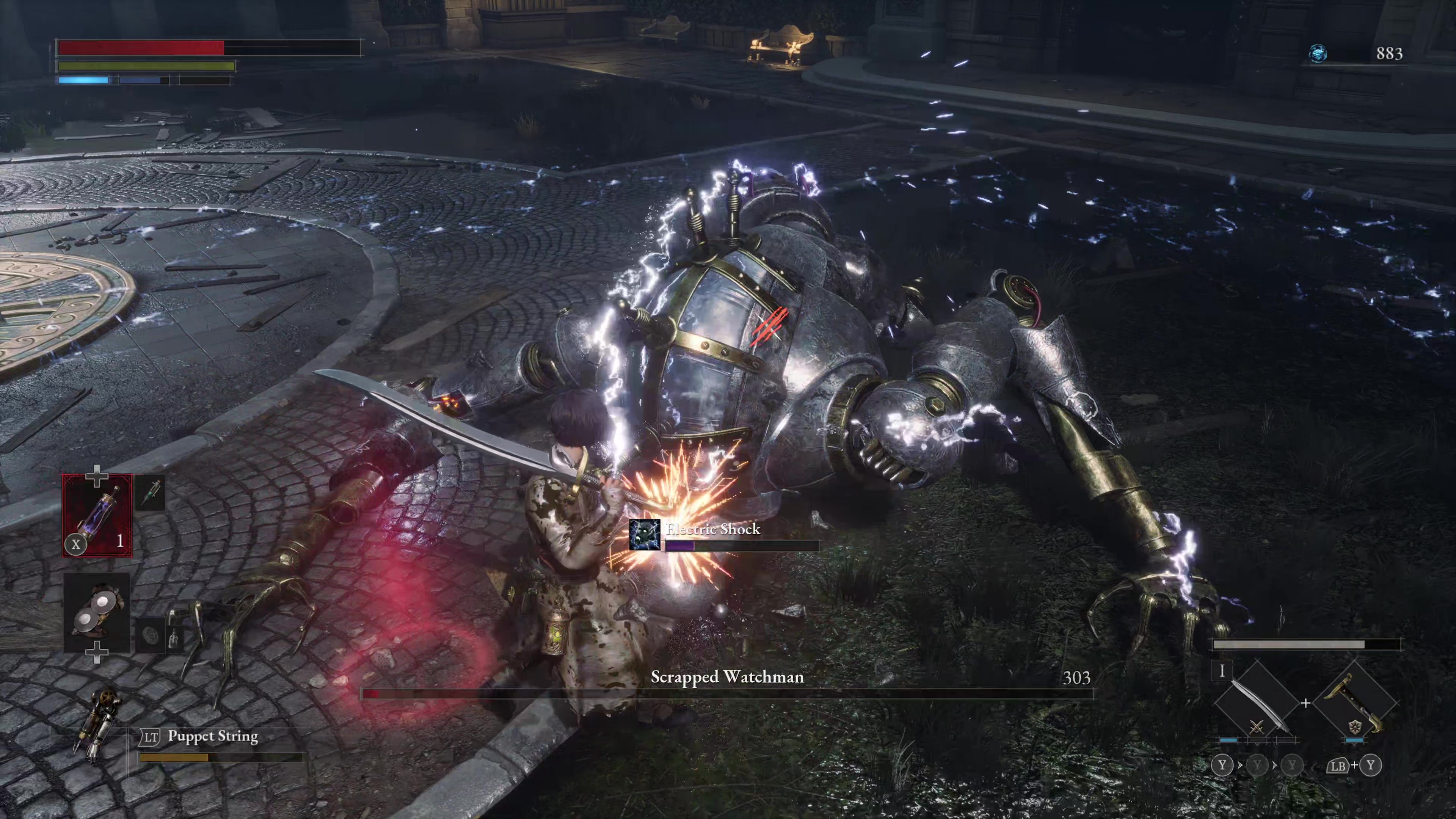Captura de pantalla del juego que muestra al jefe atónito en Lies of P