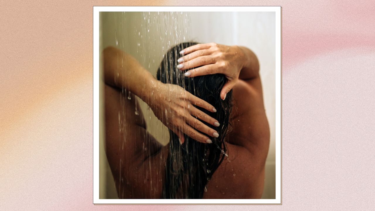 A close up of the back of a woman&#039;s head while she washing her hair in the show/ in a pink and orange gradient and textured template