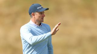 Justin Rose reacts on the 1st green during Final Qualifying for the Open at Burnham and Berrow Golf Club on July 02, 2024 in Donegal, Ireland.