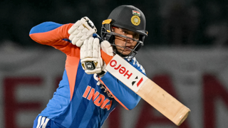 India's Abhishek Sharma plays a shot during the third Twenty20 international cricket match between India and South Africa at the Himachal Pradesh Cricket Association Stadium in Dharamsala on December 14, 2025. 