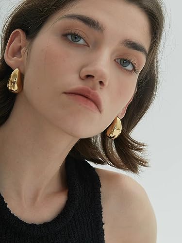 2 Pairs Chunky Gold Sliver Hoop Earrings 18k Gold Plated Teardrop Earrings for Women Hypoallergenic Gold and Silver Chunky Earrings Lightweight Drop Earringswith Sterling Silver Post for Women Girls