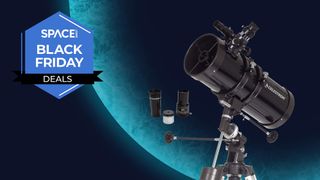 The Celestron PowerSeeker 127EQ telescope with eyepieces and a Barlow lens on a blue planet background with the Space.com logo in the top left corner.