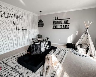Black and white monochrome playroom with golden doodle dog