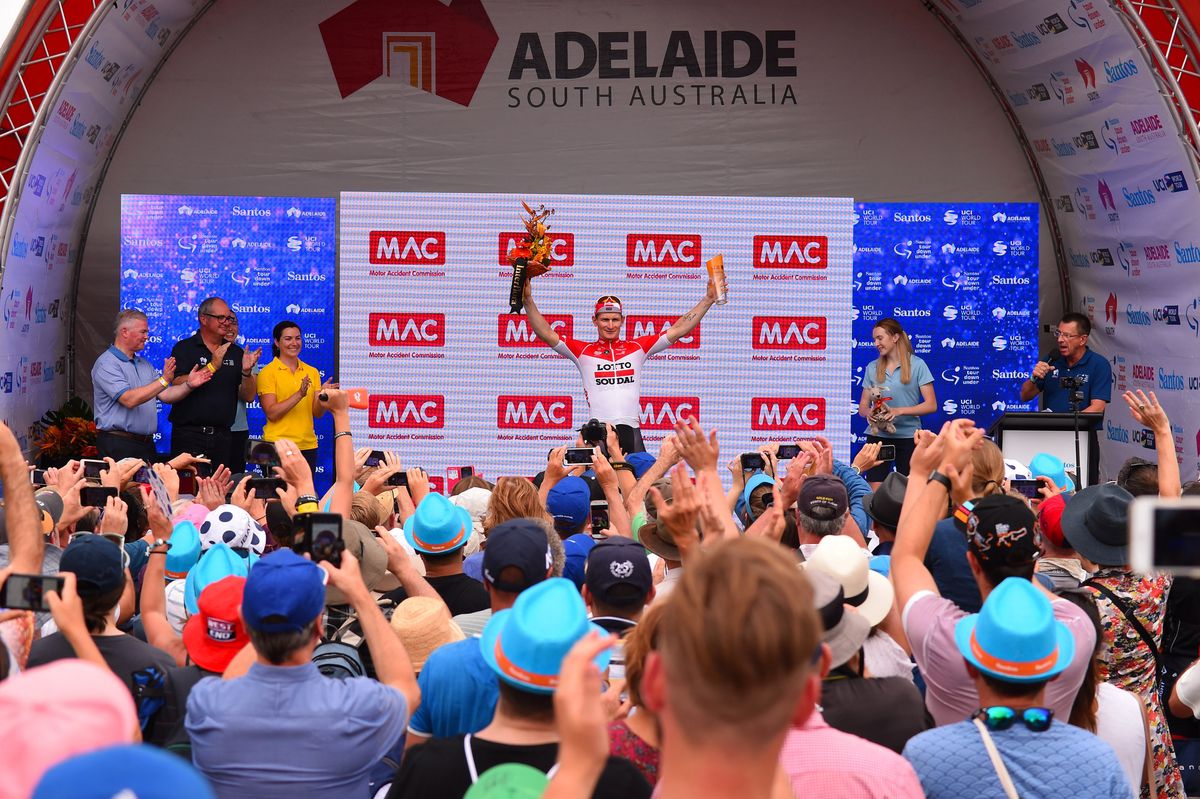 André Greipel celebrates winning the sixth and final stage of the Tour Down Under in 2018 – the last time that the German sprinter raced at the Australian stage race, which he&#039;s twice won overall 